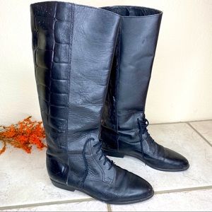 Vintage knee high black leather lace up boots